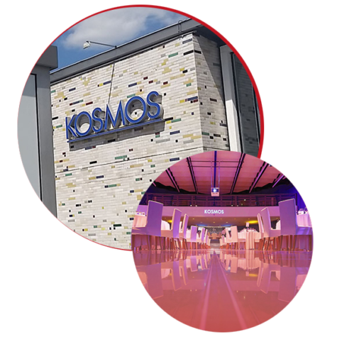 Would you like me to make this into descriptive alt text (e.g., “Exterior view of the KOSMOS building and interior view with tables and chairs arranged for an event
