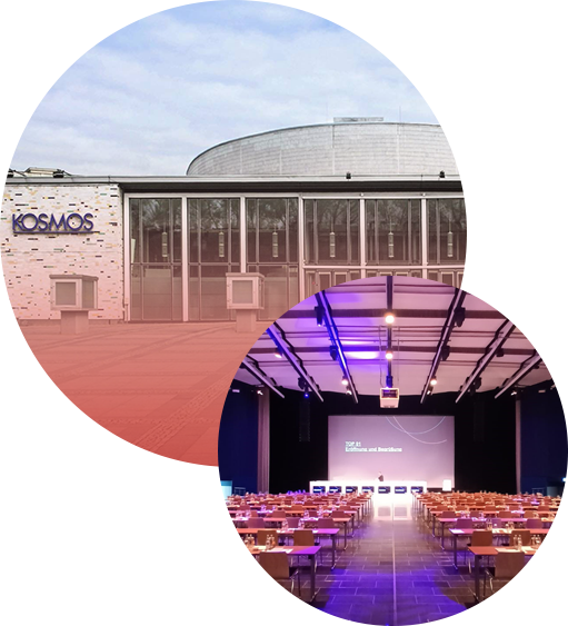 Two photos of the KOSMOS, first one of the exterior view, second one of the empty lecture room